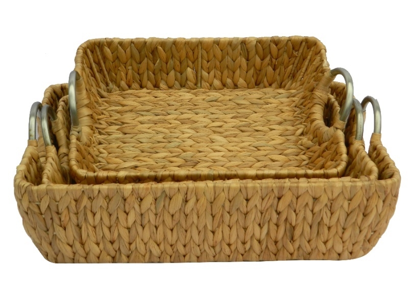 Custom-made Rectangular Water Hyacinth Baskets with Metal Handles